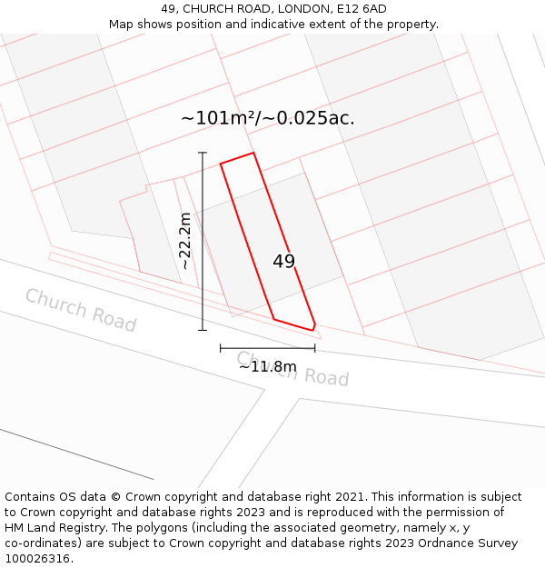 49, CHURCH ROAD, LONDON, E12 6AD: Plot and title map