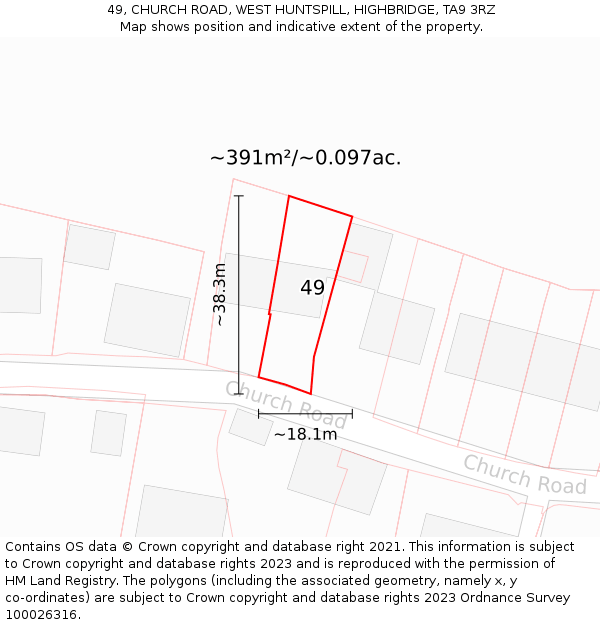 49, CHURCH ROAD, WEST HUNTSPILL, HIGHBRIDGE, TA9 3RZ: Plot and title map