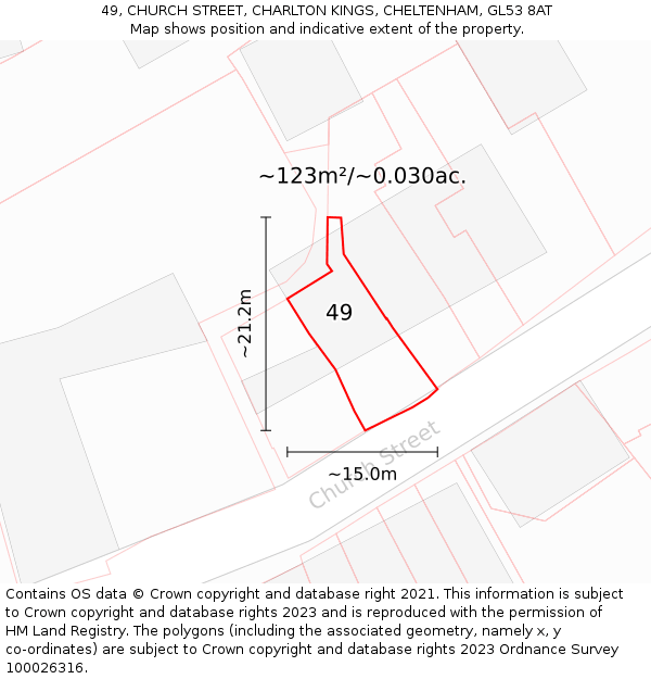 49, CHURCH STREET, CHARLTON KINGS, CHELTENHAM, GL53 8AT: Plot and title map