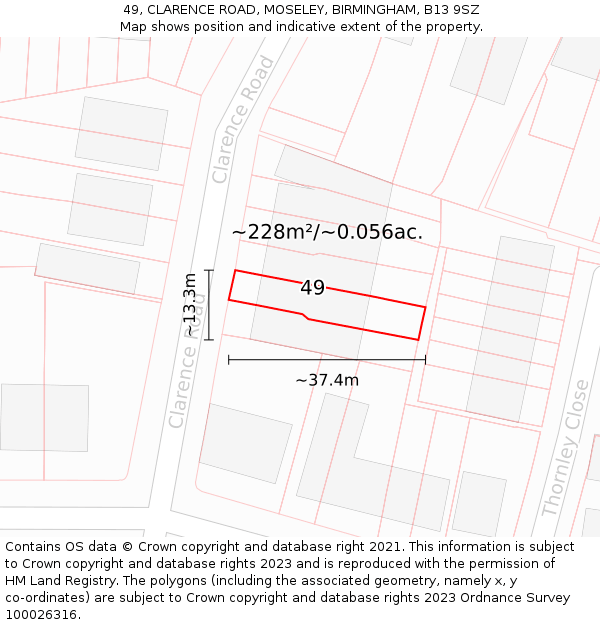 49, CLARENCE ROAD, MOSELEY, BIRMINGHAM, B13 9SZ: Plot and title map