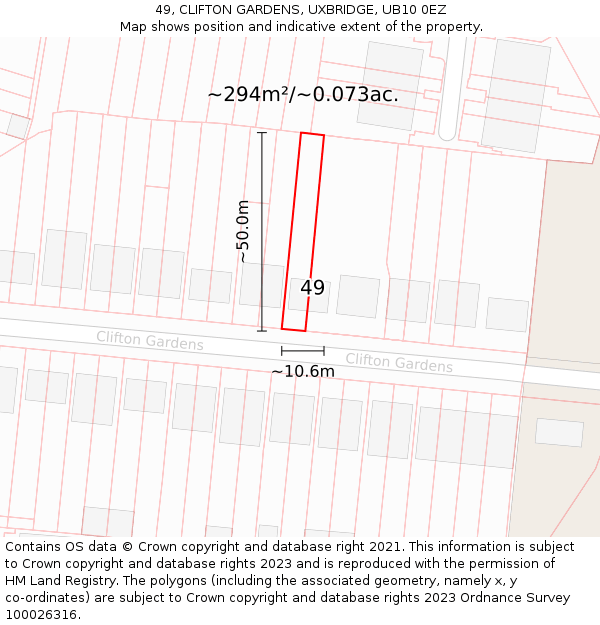 49, CLIFTON GARDENS, UXBRIDGE, UB10 0EZ: Plot and title map