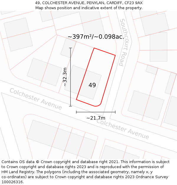 49, COLCHESTER AVENUE, PENYLAN, CARDIFF, CF23 9AX: Plot and title map