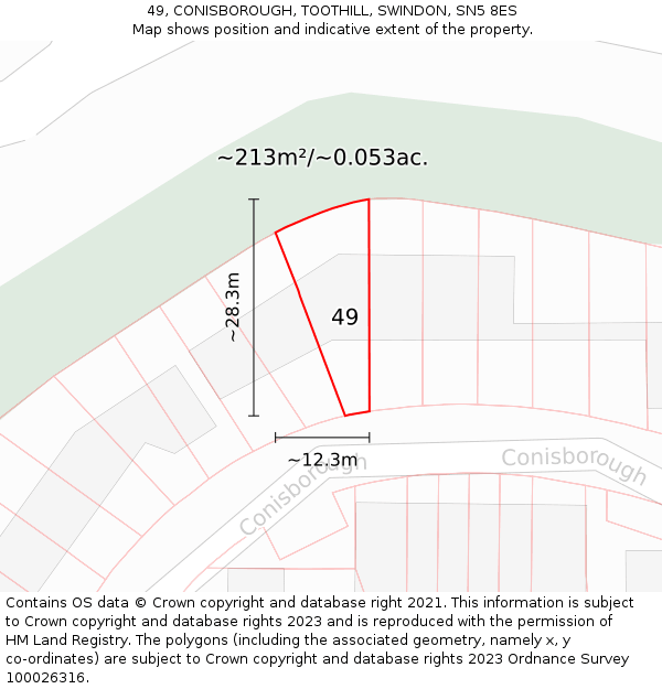 49, CONISBOROUGH, TOOTHILL, SWINDON, SN5 8ES: Plot and title map