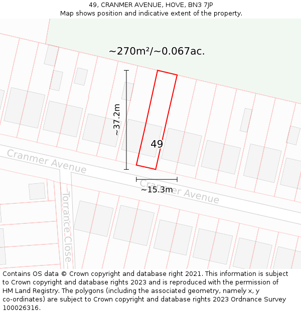 49, CRANMER AVENUE, HOVE, BN3 7JP: Plot and title map