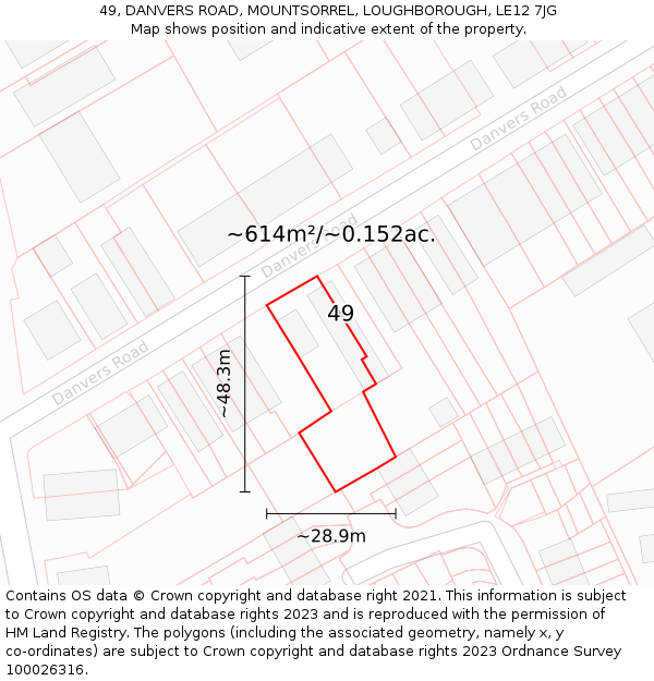 49, DANVERS ROAD, MOUNTSORREL, LOUGHBOROUGH, LE12 7JG: Plot and title map