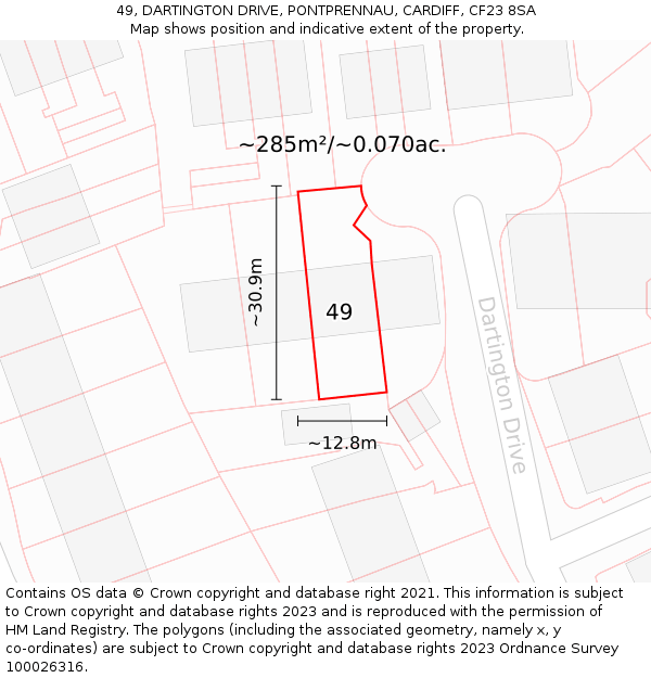 49, DARTINGTON DRIVE, PONTPRENNAU, CARDIFF, CF23 8SA: Plot and title map