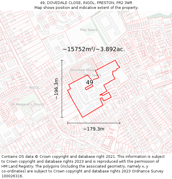 49, DOVEDALE CLOSE, INGOL, PRESTON, PR2 3WR: Plot and title map