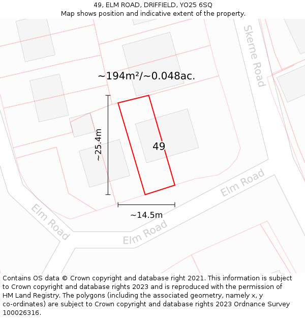 49, ELM ROAD, DRIFFIELD, YO25 6SQ: Plot and title map