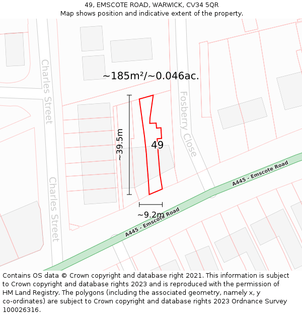 49, EMSCOTE ROAD, WARWICK, CV34 5QR: Plot and title map