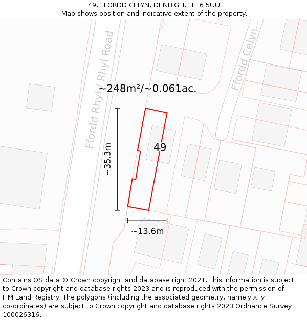 49, FFORDD CELYN, DENBIGH, LL16 5UU: Plot and title map