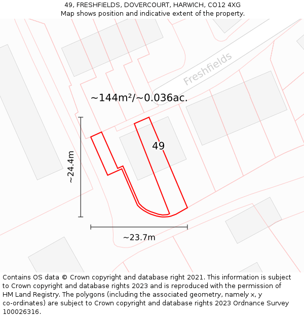 49, FRESHFIELDS, DOVERCOURT, HARWICH, CO12 4XG: Plot and title map