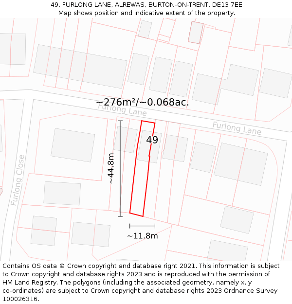 49, FURLONG LANE, ALREWAS, BURTON-ON-TRENT, DE13 7EE: Plot and title map