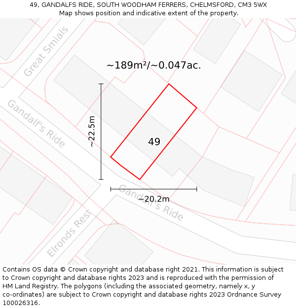 49, GANDALFS RIDE, SOUTH WOODHAM FERRERS, CHELMSFORD, CM3 5WX: Plot and title map