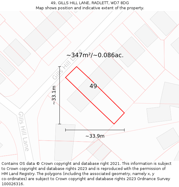 49, GILLS HILL LANE, RADLETT, WD7 8DG: Plot and title map