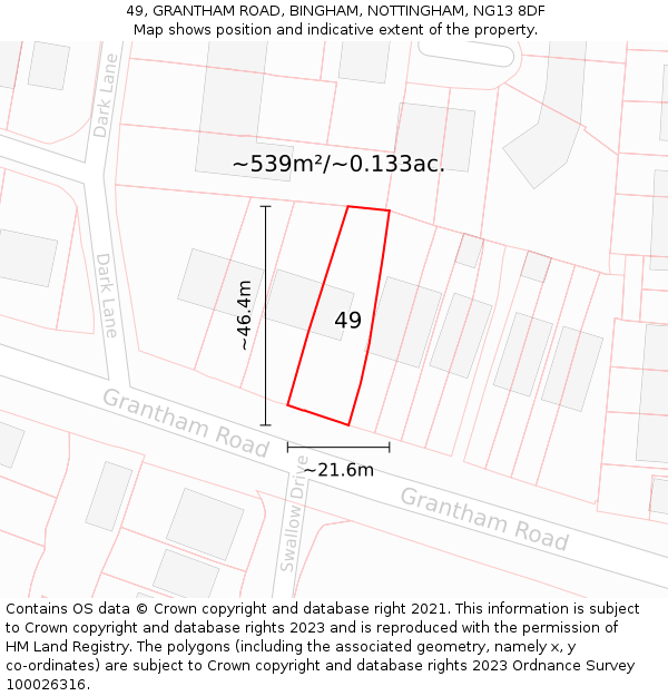 49, GRANTHAM ROAD, BINGHAM, NOTTINGHAM, NG13 8DF: Plot and title map