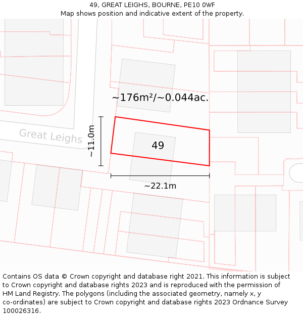 49, GREAT LEIGHS, BOURNE, PE10 0WF: Plot and title map