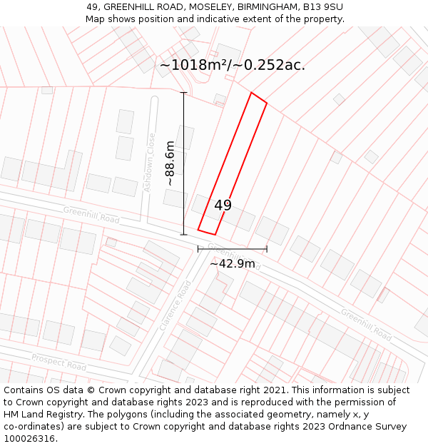 49, GREENHILL ROAD, MOSELEY, BIRMINGHAM, B13 9SU: Plot and title map