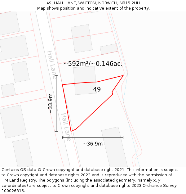 49, HALL LANE, WACTON, NORWICH, NR15 2UH: Plot and title map