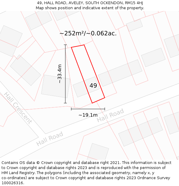 49, HALL ROAD, AVELEY, SOUTH OCKENDON, RM15 4HJ: Plot and title map