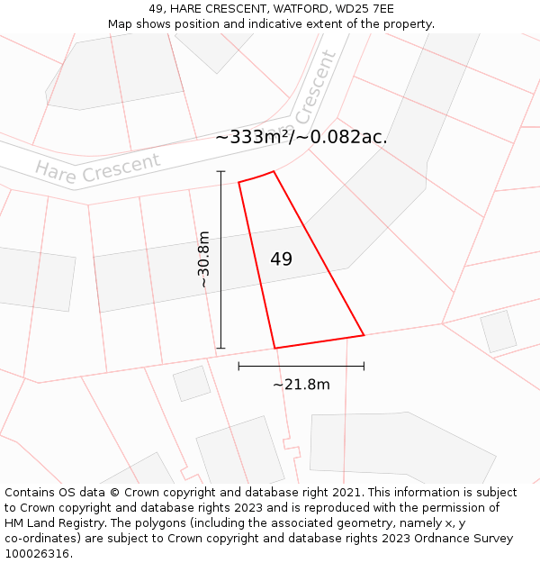 49, HARE CRESCENT, WATFORD, WD25 7EE: Plot and title map