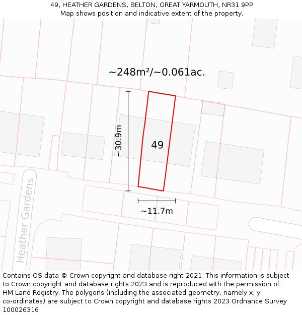 49, HEATHER GARDENS, BELTON, GREAT YARMOUTH, NR31 9PP: Plot and title map