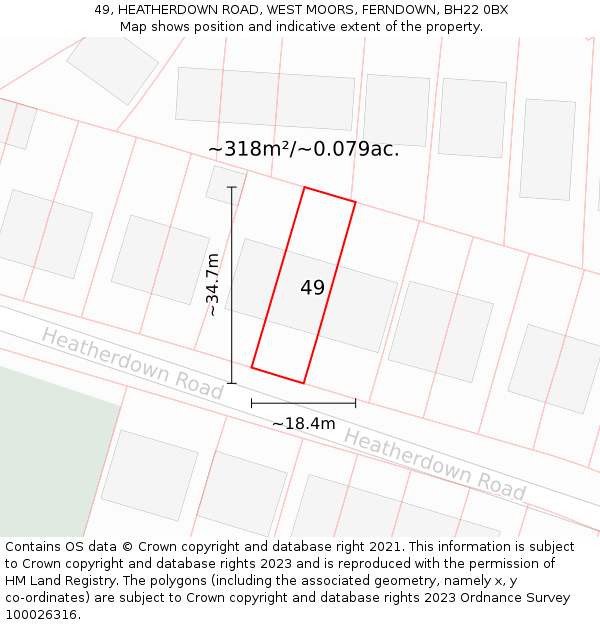 49, HEATHERDOWN ROAD, WEST MOORS, FERNDOWN, BH22 0BX: Plot and title map