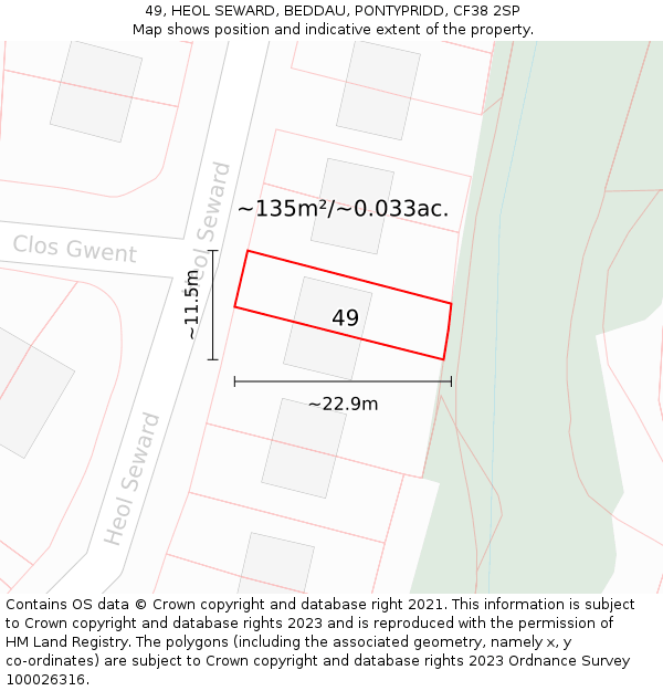 49, HEOL SEWARD, BEDDAU, PONTYPRIDD, CF38 2SP: Plot and title map