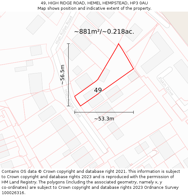 49, HIGH RIDGE ROAD, HEMEL HEMPSTEAD, HP3 0AU: Plot and title map