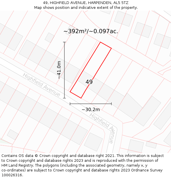 49, HIGHFIELD AVENUE, HARPENDEN, AL5 5TZ: Plot and title map