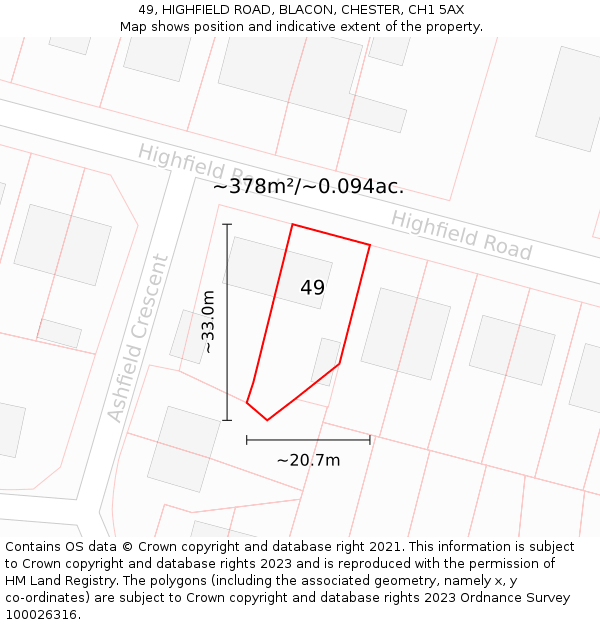 49, HIGHFIELD ROAD, BLACON, CHESTER, CH1 5AX: Plot and title map