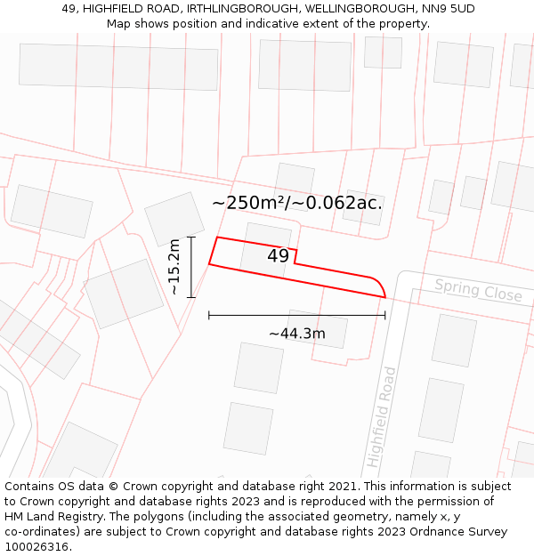 49, HIGHFIELD ROAD, IRTHLINGBOROUGH, WELLINGBOROUGH, NN9 5UD: Plot and title map