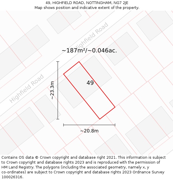 49, HIGHFIELD ROAD, NOTTINGHAM, NG7 2JE: Plot and title map