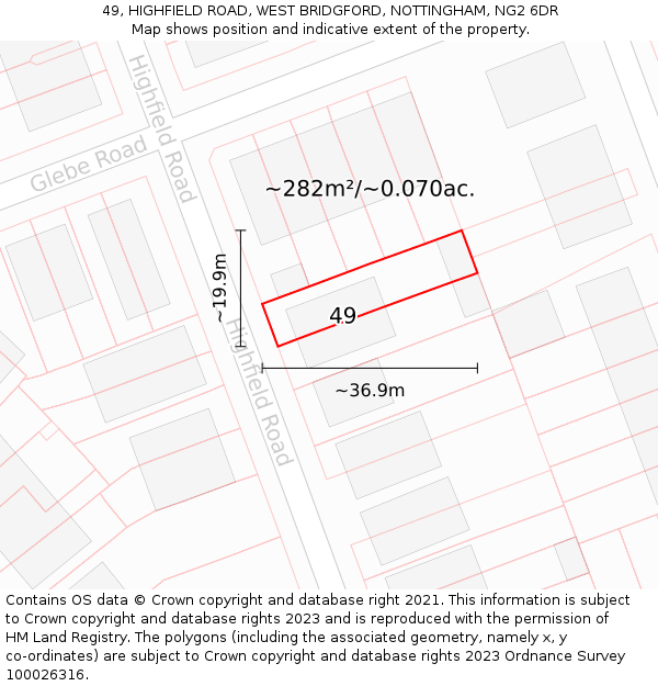 49, HIGHFIELD ROAD, WEST BRIDGFORD, NOTTINGHAM, NG2 6DR: Plot and title map