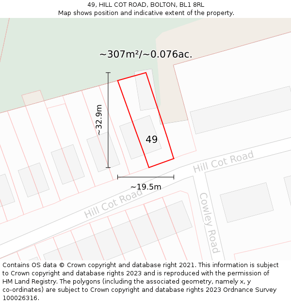 49, HILL COT ROAD, BOLTON, BL1 8RL: Plot and title map