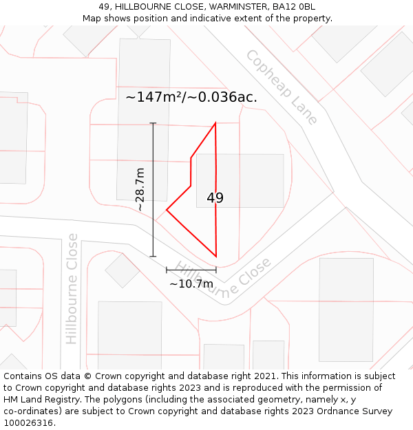 49, HILLBOURNE CLOSE, WARMINSTER, BA12 0BL: Plot and title map
