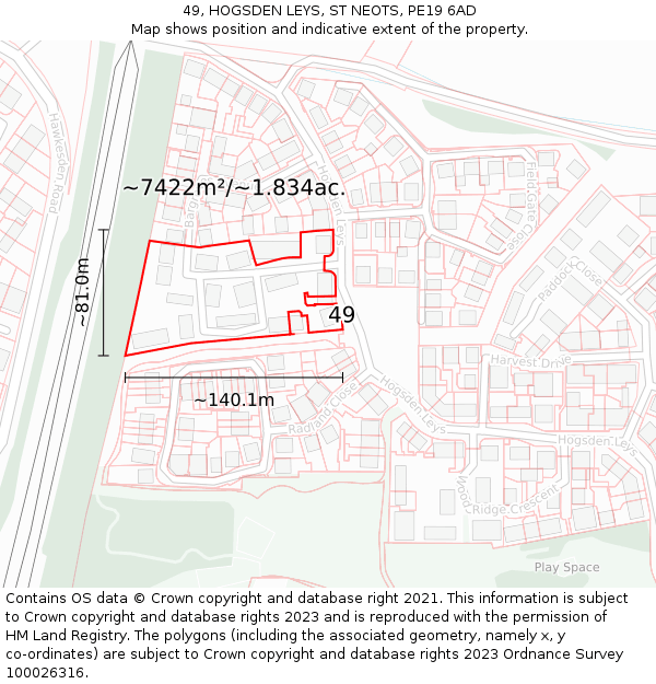 49, HOGSDEN LEYS, ST NEOTS, PE19 6AD: Plot and title map