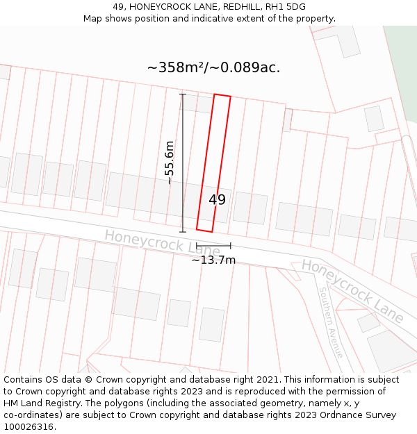 49, HONEYCROCK LANE, REDHILL, RH1 5DG: Plot and title map