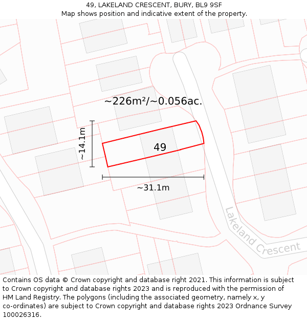 49, LAKELAND CRESCENT, BURY, BL9 9SF: Plot and title map