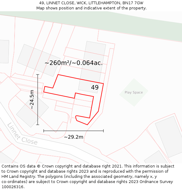 49, LINNET CLOSE, WICK, LITTLEHAMPTON, BN17 7GW: Plot and title map