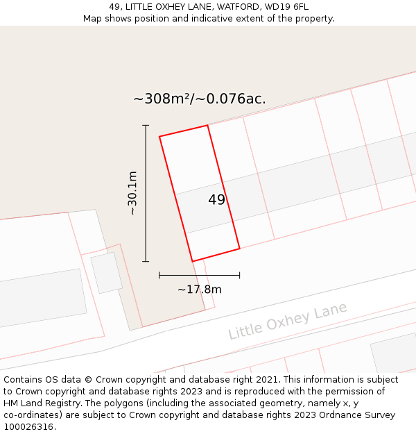 49, LITTLE OXHEY LANE, WATFORD, WD19 6FL: Plot and title map