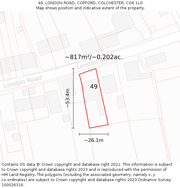 49, LONDON ROAD, COPFORD, COLCHESTER, CO6 1LG: Plot and title map