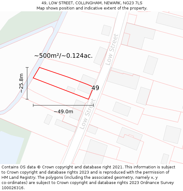 49, LOW STREET, COLLINGHAM, NEWARK, NG23 7LS: Plot and title map