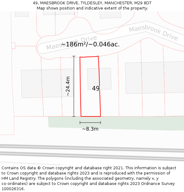 49, MAESBROOK DRIVE, TYLDESLEY, MANCHESTER, M29 8DT: Plot and title map