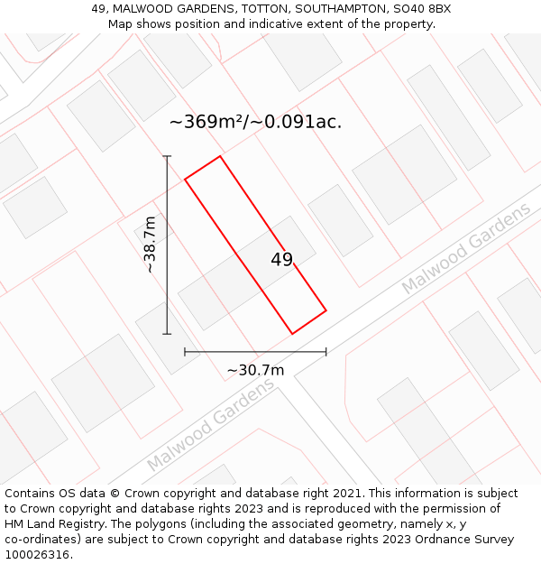 49, MALWOOD GARDENS, TOTTON, SOUTHAMPTON, SO40 8BX: Plot and title map