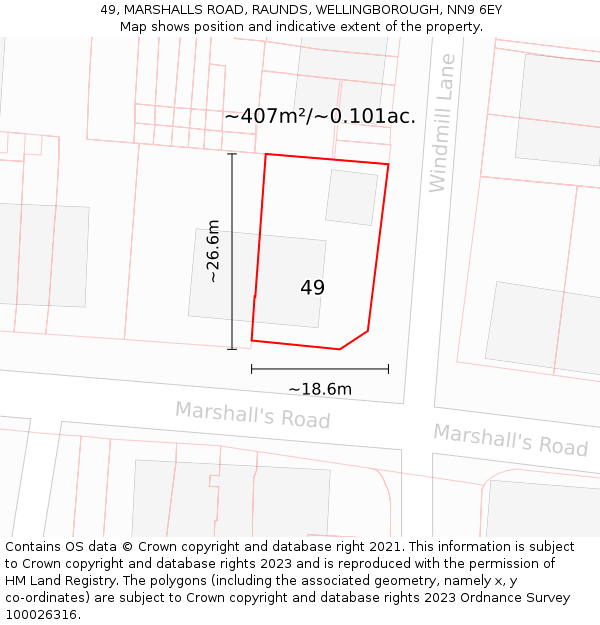 49, MARSHALLS ROAD, RAUNDS, WELLINGBOROUGH, NN9 6EY: Plot and title map