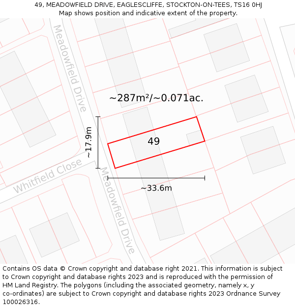 49, MEADOWFIELD DRIVE, EAGLESCLIFFE, STOCKTON-ON-TEES, TS16 0HJ: Plot and title map