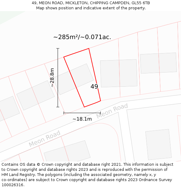 49, MEON ROAD, MICKLETON, CHIPPING CAMPDEN, GL55 6TB: Plot and title map