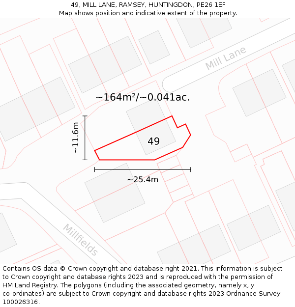 49, MILL LANE, RAMSEY, HUNTINGDON, PE26 1EF: Plot and title map