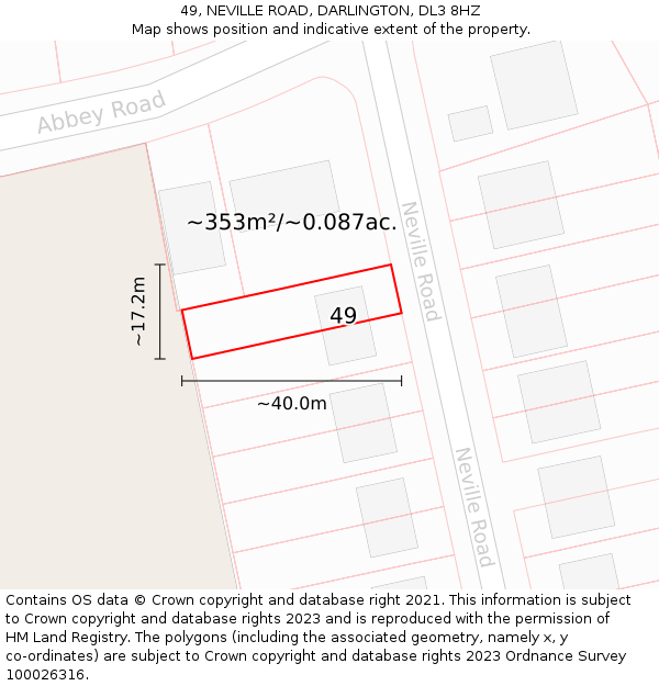 49, NEVILLE ROAD, DARLINGTON, DL3 8HZ: Plot and title map