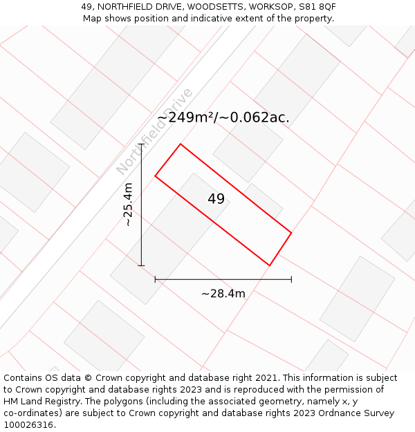 49, NORTHFIELD DRIVE, WOODSETTS, WORKSOP, S81 8QF: Plot and title map